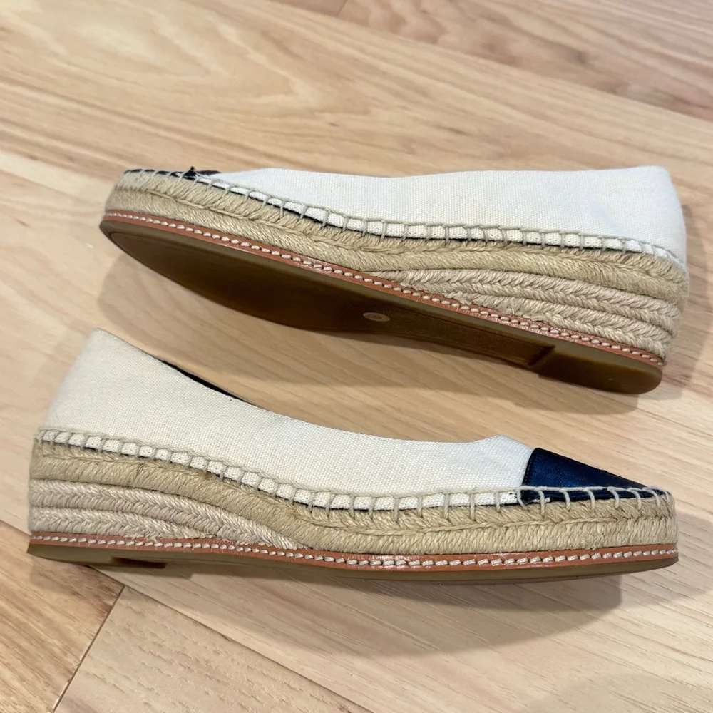 Tory Burch Beige Canvas Espadrille Flats with Black Toe Caps